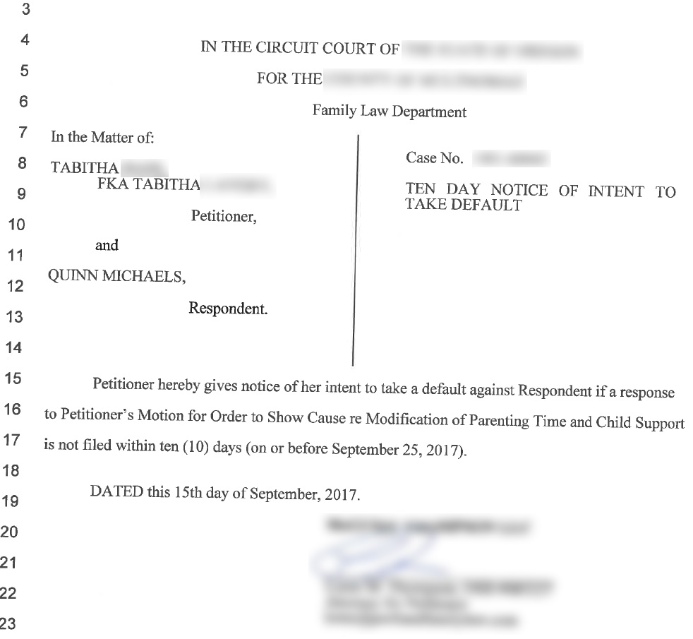 September 2017 court documents sent to Quinn Michaels