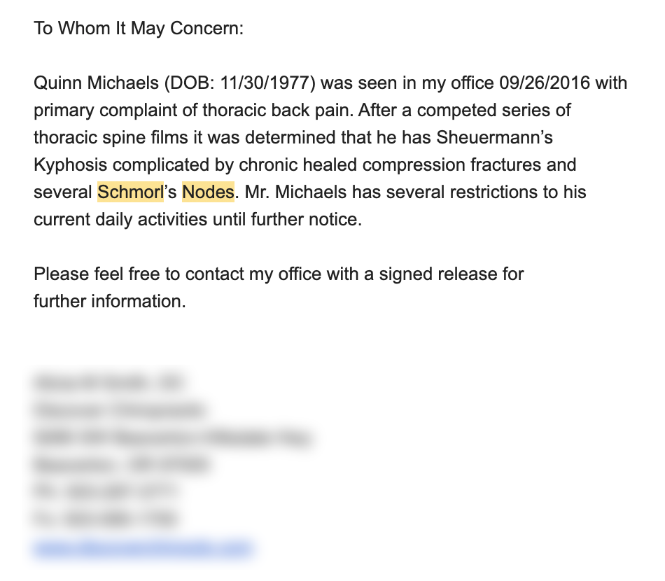 Quinn Michaels Spinal Diagnosis